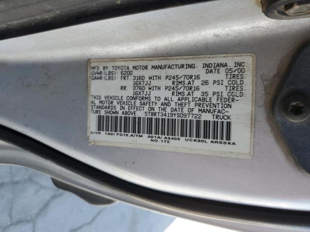 5TBRT3419YS097722 - 2000 TOYOTA TUNDRA ACCESS CAB ლურჯი ფოტო 12