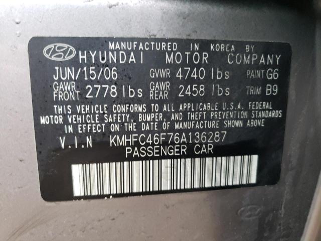 KMHFC46F76A136287 - 2006 HYUNDAI AZERA SE GRAY photo 12