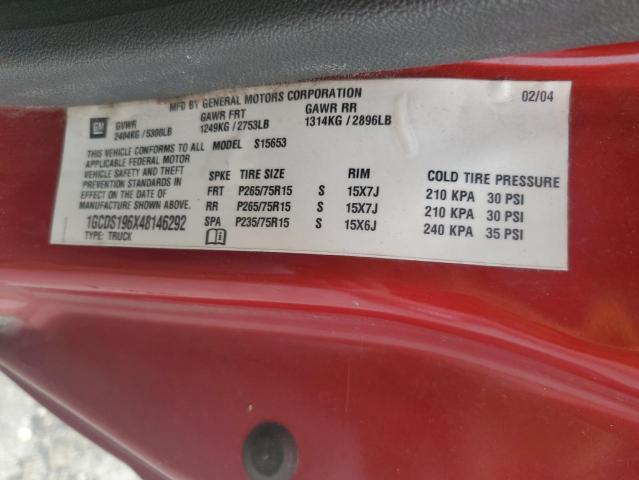 1GCDS196X48146292 - 2004 CHEVROLET COLORADO 红色 照片 12