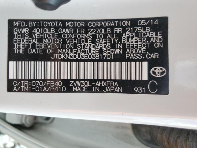 JTDKN3DU3E0381701 - 2014 TOYOTA PRIUS WHITE photo 12