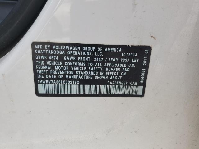 1VWBV7A36FC032192 - 2015 VOLKSWAGEN PASSAT SE 白色 照片 12