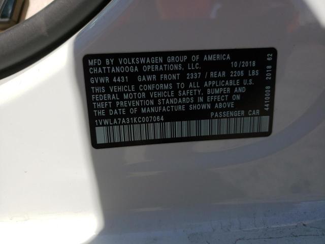 1VWLA7A31KC007064 - 2019 VOLKSWAGEN PASSAT WOLFSBURG 白色 照片 12