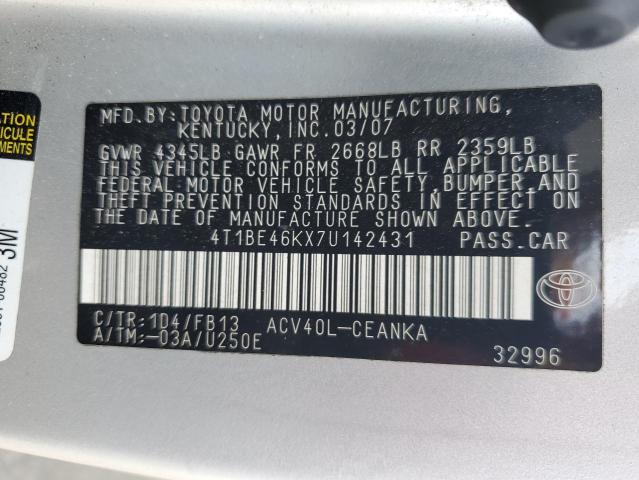 4T1BE46KX7U142431 - 2007 TOYOTA CAMRY CE ვერცხლისფერი ფოტო 12