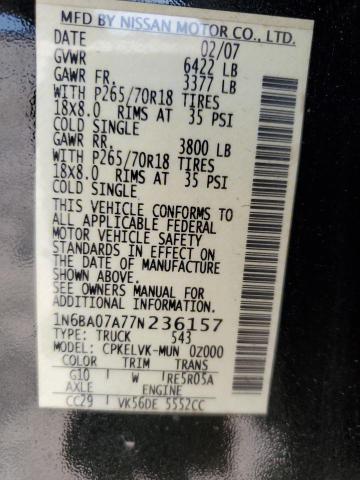 1N6BA07A77N236157 - 2007 NISSAN TITAN XE BLACK photo 12