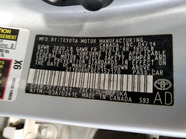 2T1BURHE6EC152170 - 2014 TOYOTA COROLLA L SILVER photo 12