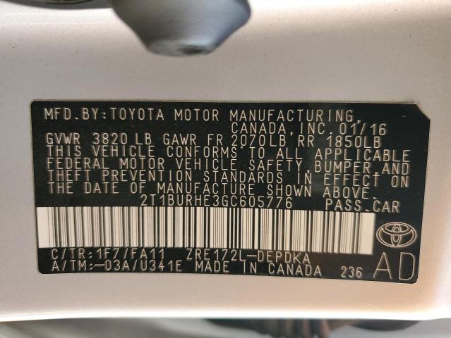 2T1BURHE3GC605776 - 2016 TOYOTA COROLLA L ვერცხლისფერი ფოტო 12