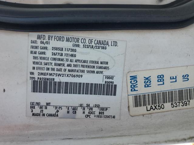 2MEFM75W21X706909 - 2001 MERCURY GRAND MARQUIS LS WHITE photo 12
