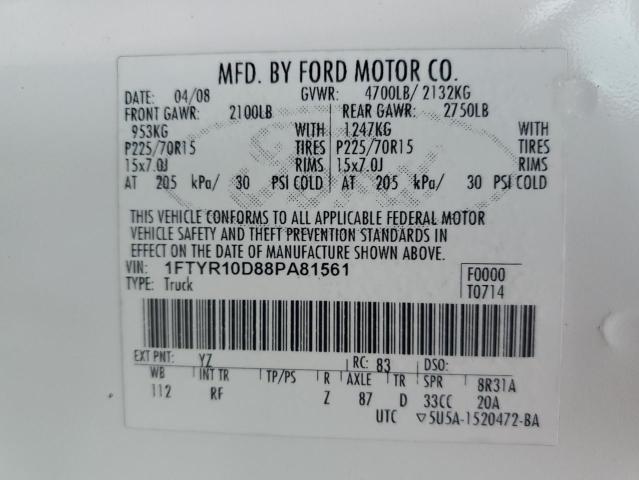 1FTYR10D88PA81561 - 2008 FORD RANGER WHITE photo 12