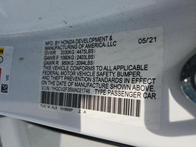 1HGCV2F35MA021746 - 2021 HONDA ACCORD SPORT 白色 照片 12
