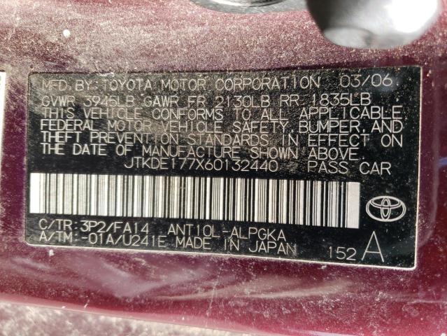 JTKDE177X60132440 - 2006 TOYOTA SCION TC 勃艮第红 照片 12
