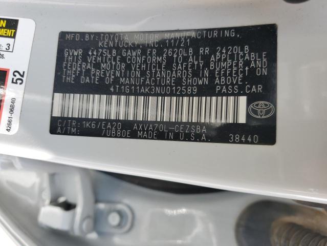 4T1G11AK3NU012589 - 2022 TOYOTA CAMRY SE WHITE photo 12