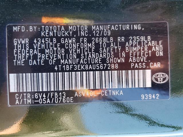 4T1BF3EK8AU567288 - 2010 TOYOTA CAMRY BASE Yaşıl foto 12