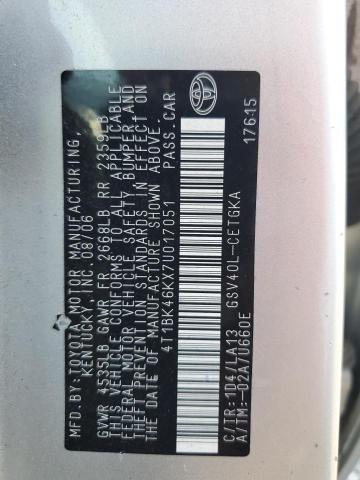 4T1BK46KX7U017051 - 2007 TOYOTA CAMRY LE SILVER photo 12