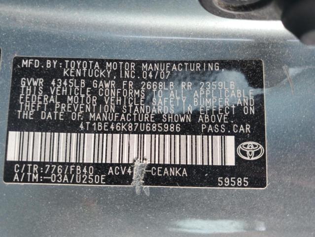 4T1BE46K87U685986 - 2007 TOYOTA CAMRY CE TEAL photo 13