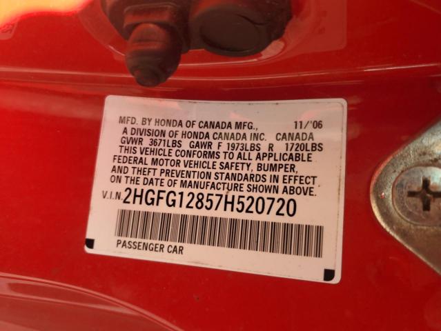 2HGFG12857H520720 - 2007 HONDA CIVIC EX RED photo 12