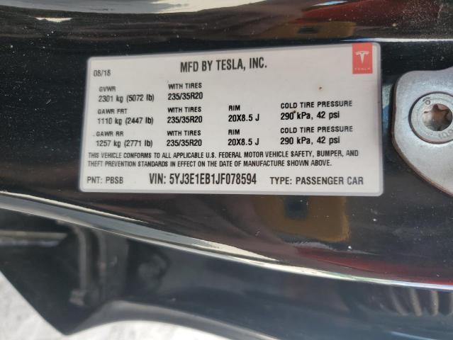 5YJ3E1EB1JF078594 - 2018 TESLA MODEL 3 BLACK photo 12