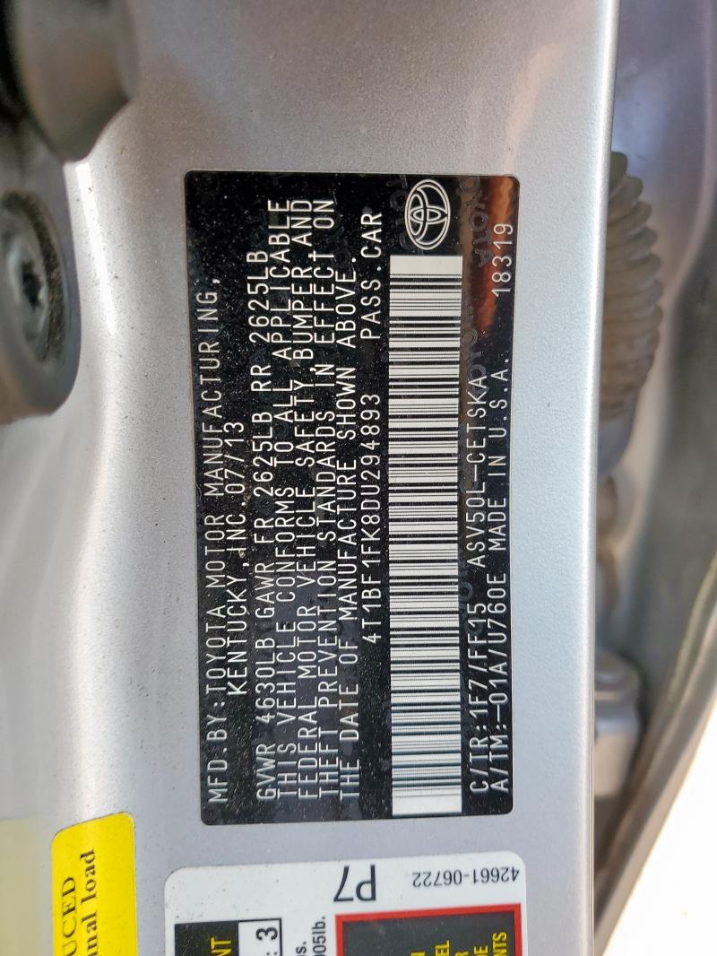 4T1BF1FK8DU294893 - 2013 TOYOTA CAMRY L SILVER photo 12