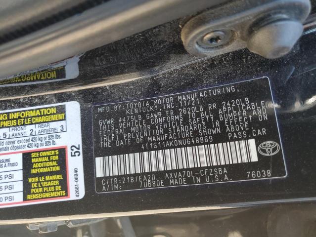 4T1G11AK0NU648869 - 2022 TOYOTA CAMRY SE შავი ფოტო 12