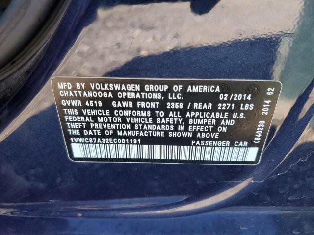 1VWCS7A32EC081191 - 2014 VOLKSWAGEN PASSAT SEL ლურჯი ფოტო 12