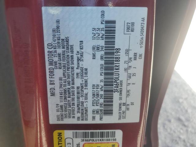 3FA6P0LU1KR188198 - 2019 FORD FUSION SE 红色 照片 13