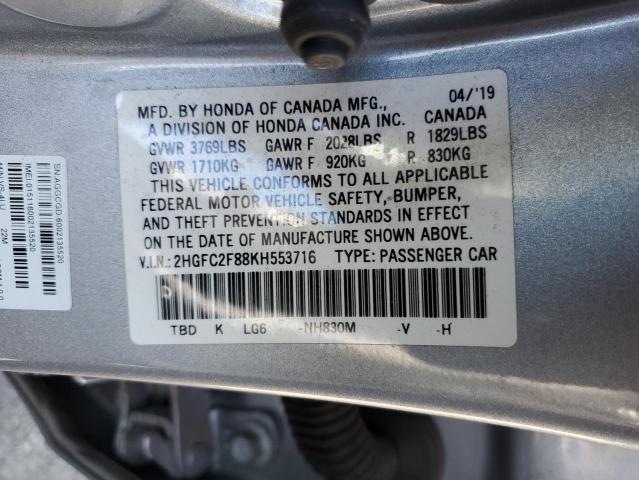 2HGFC2F88KH553716 - 2019 HONDA CIVIC SPORT ვერცხლისფერი ფოტო 12