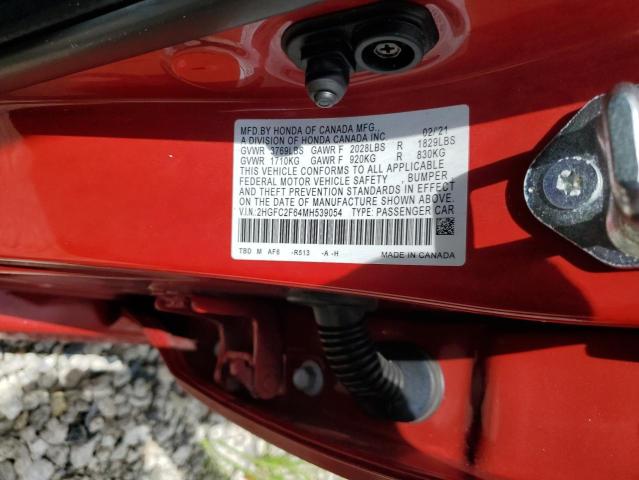 2HGFC2F64MH539054 - 2021 HONDA CIVIC LX RED photo 12
