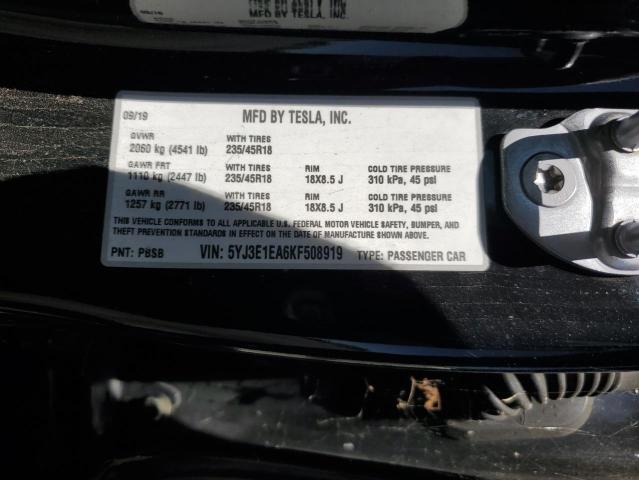 5YJ3E1EA6KF508919 - 2019 TESLA MODEL 3 BLACK photo 13