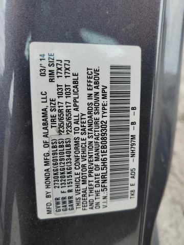 5FNRL5H61EB089302 - 2014 HONDA ODYSSEY EXL GRAY photo 13