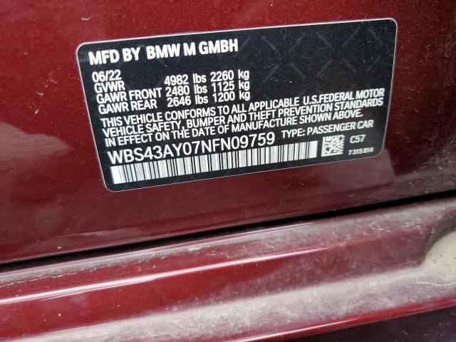 WBS43AY07NFN09759 - 2022 BMW M3 COMPETITION BURGUNDY photo 12