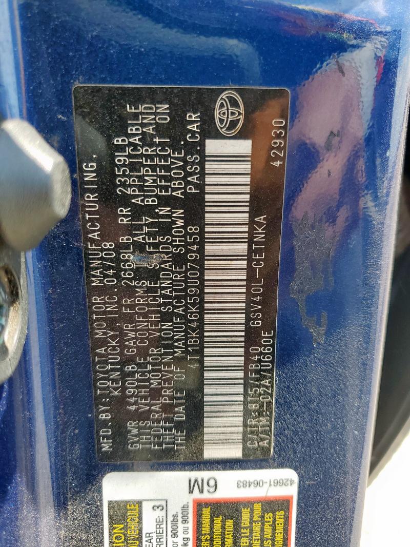 4T1BK46K59U079458 - 2009 TOYOTA CAMRY SE 蓝色 照片 12