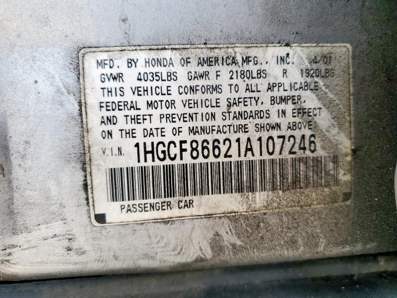 1HGCF86621A107246 - 2001 HONDA ACCORD VALUE GRAY photo 12