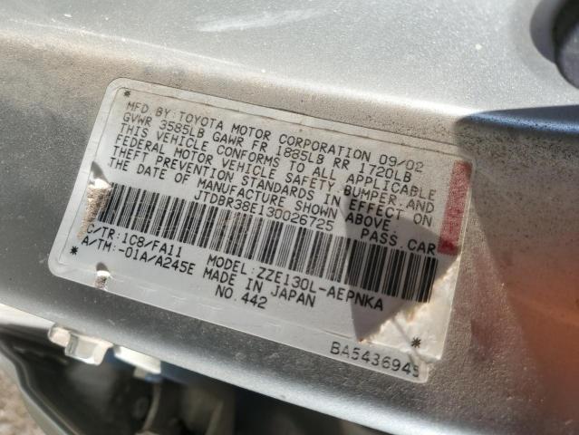 JTDBR38E130026725 - 2003 TOYOTA COROLLA CE SILVER photo 12