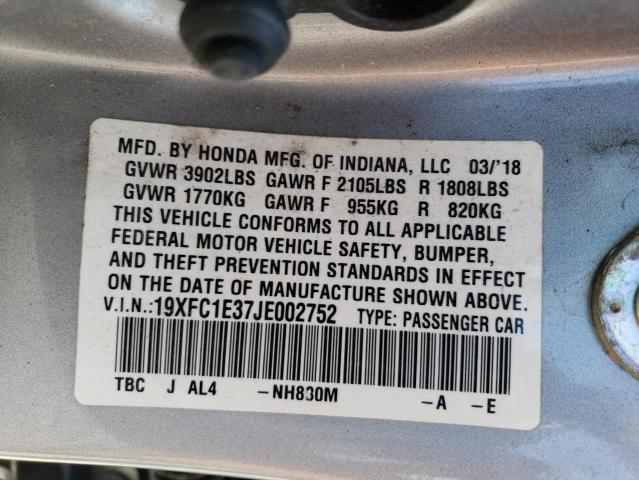 19XFC1E37JE002752 - 2018 HONDA CIVIC EX SILVER photo 12