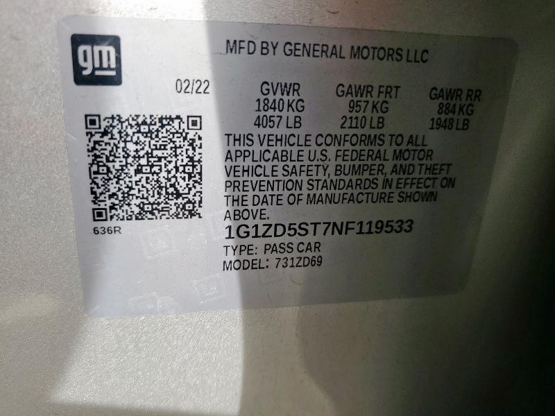 1G1ZD5ST7NF119533 - 2022 CHEVROLET MALIBU LT SILVER photo 13