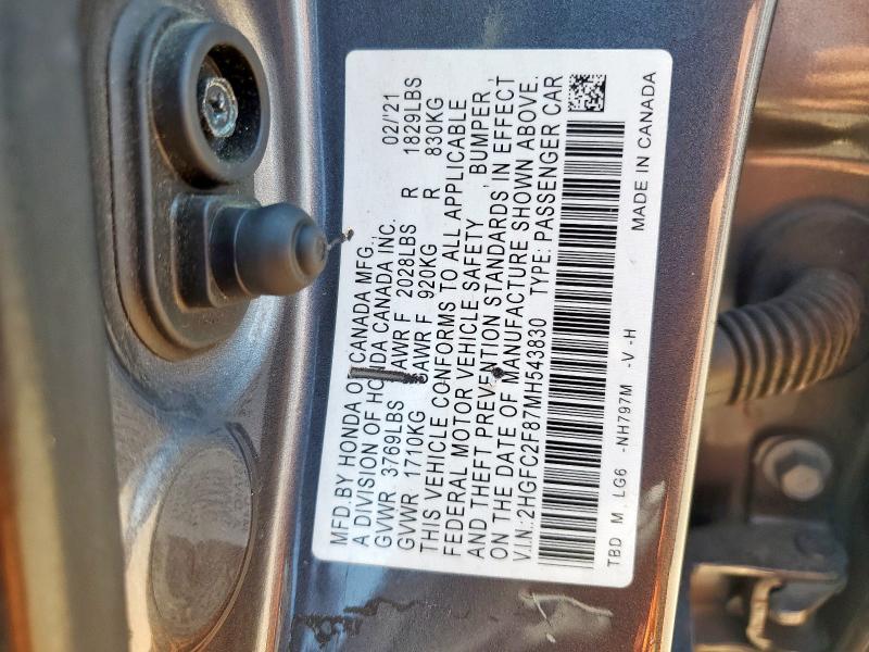 2HGFC2F87MH543830 - 2021 HONDA CIVIC SPORT GRAY photo 13