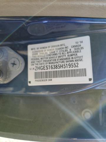 2HGES16385H519552 - 2005 HONDA CIVIC DX VP ლურჯი ფოტო 12