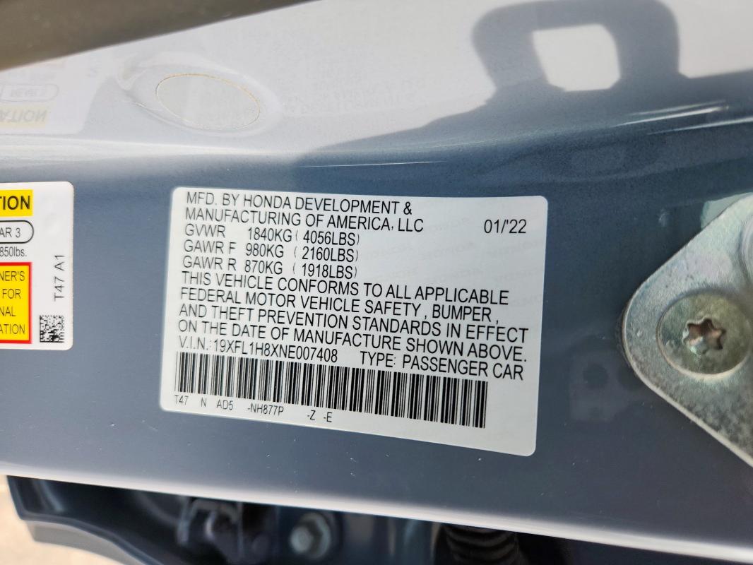 19XFL1H8XNE007408 - 2022 HONDA CIVIC SPORT TOURING GRAY photo 12