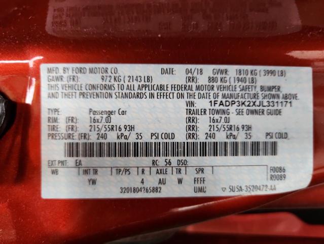 1FADP3K2XJL331171 - 2018 FORD FOCUS SE RED photo 13