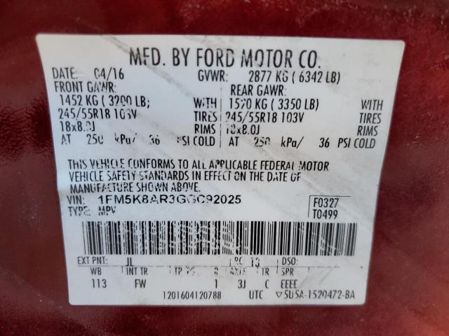 1FM5K8AR3GGC92025 - 2016 FORD EXPLORER POLICE INTERCEPTOR 栗色 照片 12