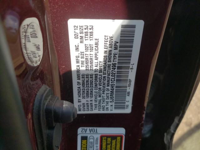 5J6RM4H51CL027496 - 2012 HONDA CR-V EX BURGUNDY photo 13