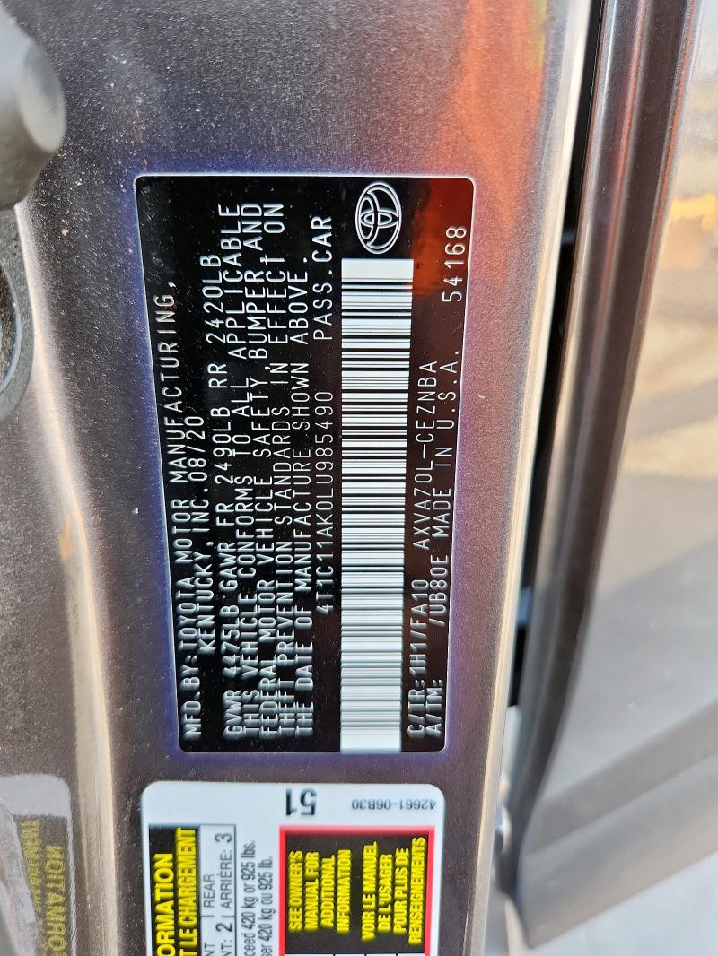 4T1C11AK0LU985490 - 2020 TOYOTA CAMRY LE GRAY photo 13