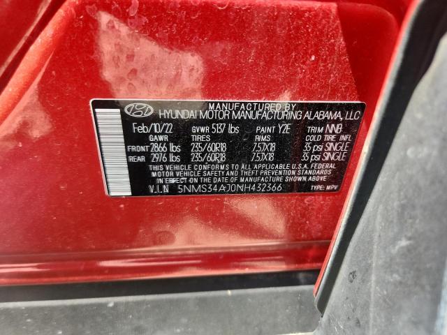 5NMS34AJ0NH432366 - 2022 HYUNDAI SANTA FE SEL أحمر صورة 13