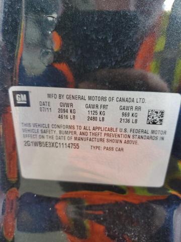 2G1WB5E3XC1114755 - 2012 CHEVROLET IMPALA LT Siyah fotoğraf 12