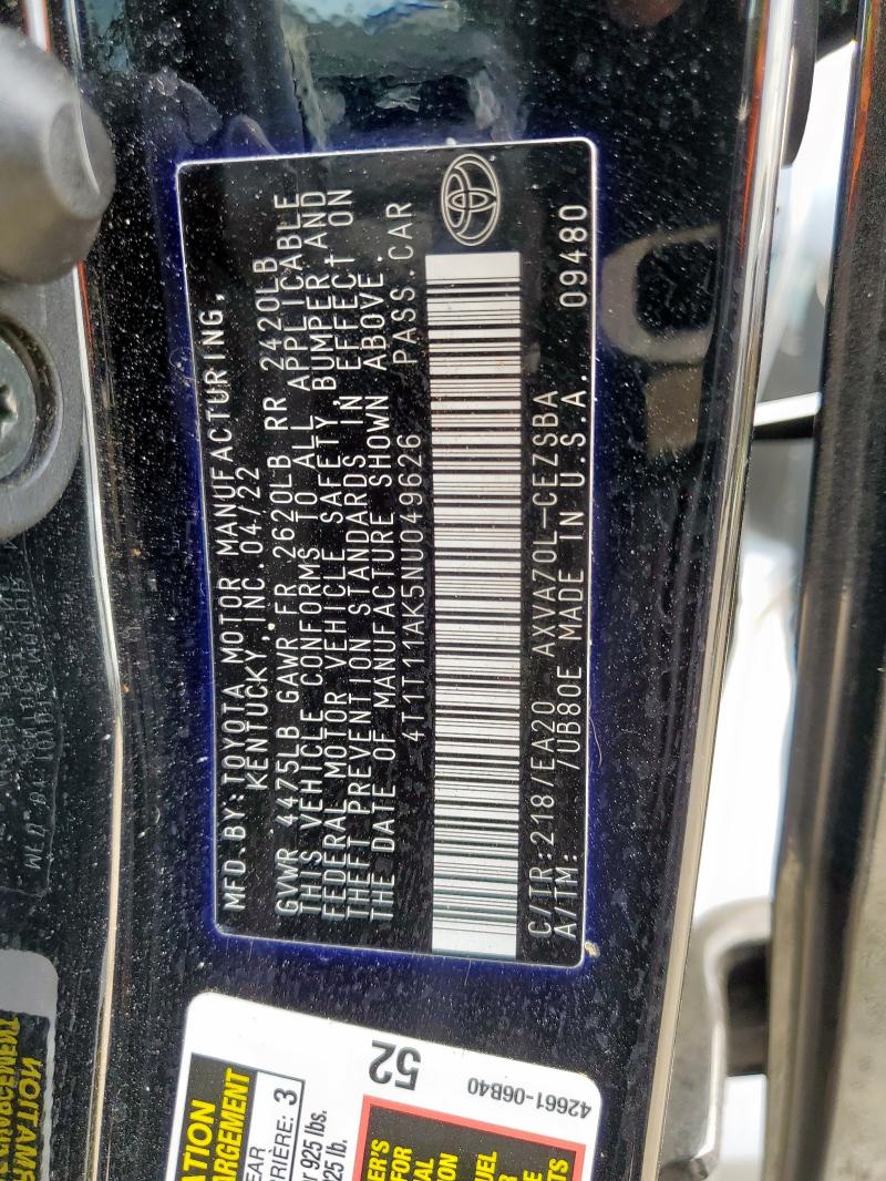 4T1T11AK5NU049626 - 2022 TOYOTA CAMRY SE Чорний фото 13