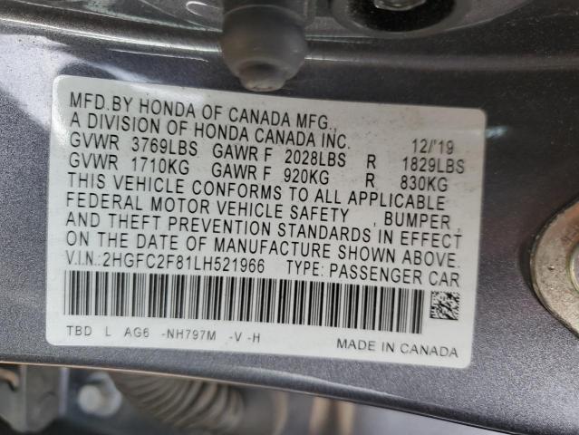 2HGFC2F81LH521966 - 2020 HONDA CIVIC SPORT Boz foto 12