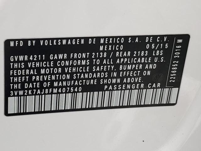 3VW2K7AJ8FM407540 - 2015 VOLKSWAGEN JETTA BASE WHITE photo 12