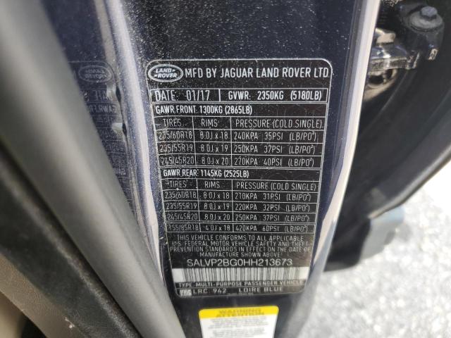 SALVP2BG0HH213673 - 2017 LAND ROVER RANGE ROVE SE BLUE photo 14