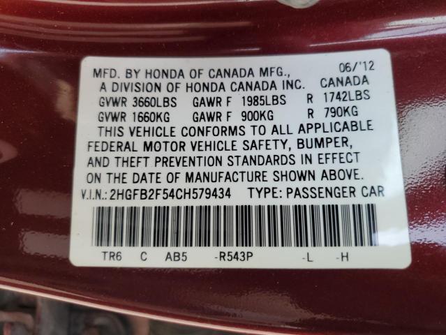 2HGFB2F54CH579434 - 2012 HONDA CIVIC LX BURGUNDY photo 13