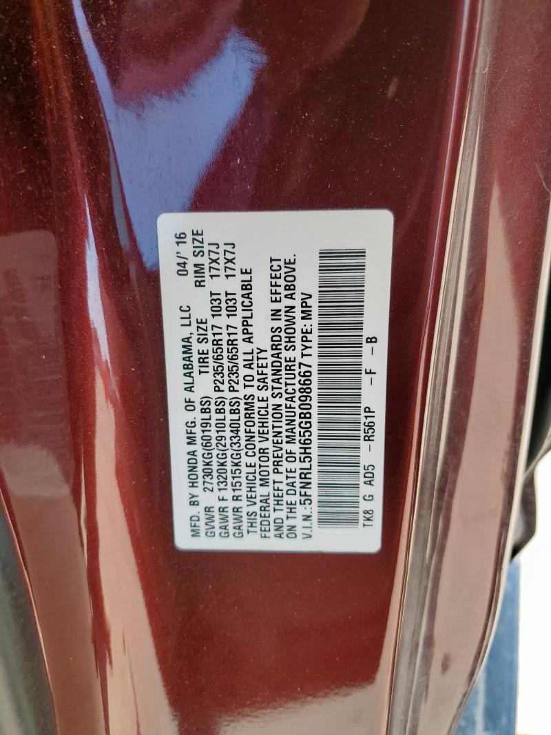 5FNRL5H65GB098667 - 2016 HONDA ODYSSEY EXL BURGUNDY photo 13