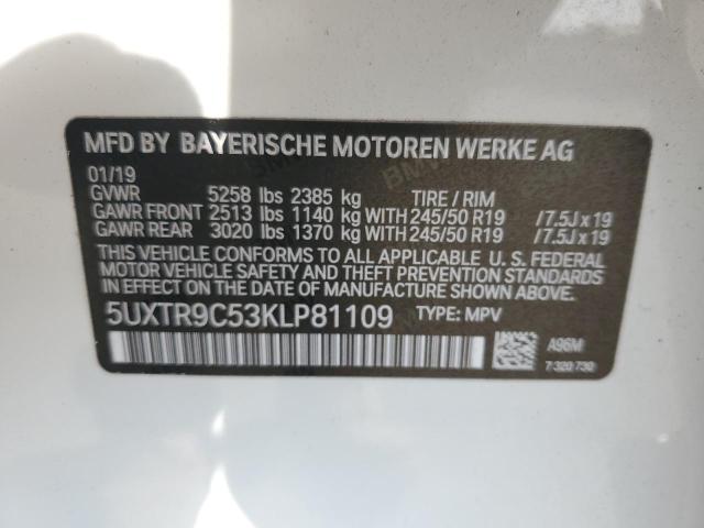 5UXTR9C53KLP81109 - 2019 BMW X3 XDRIVE30I WHITE photo 13